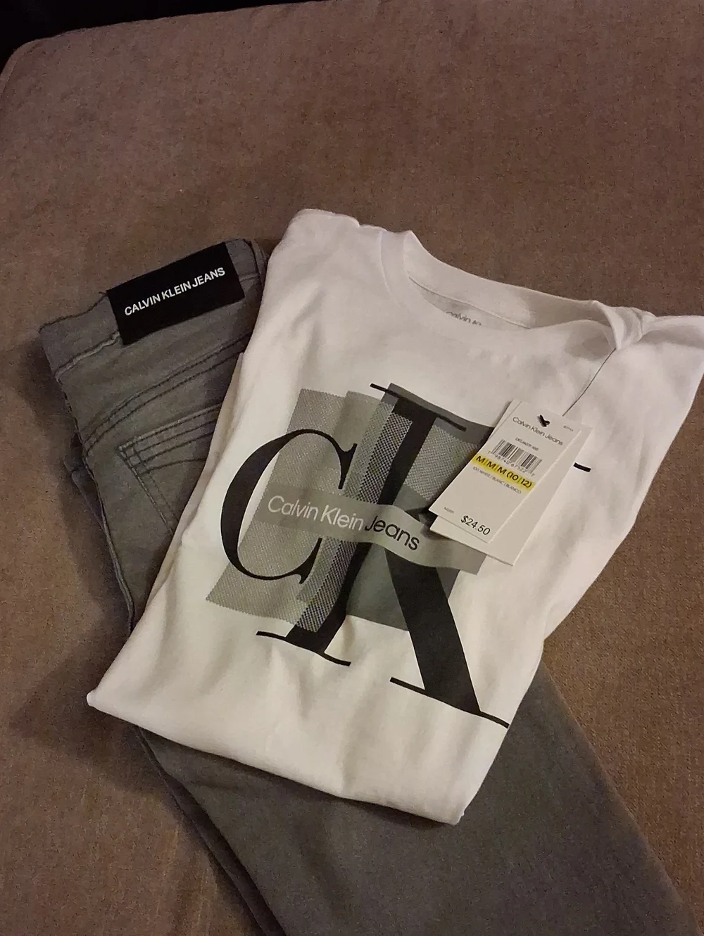 Calvin Klein Jeans White Logo Tee with Gray Jeans